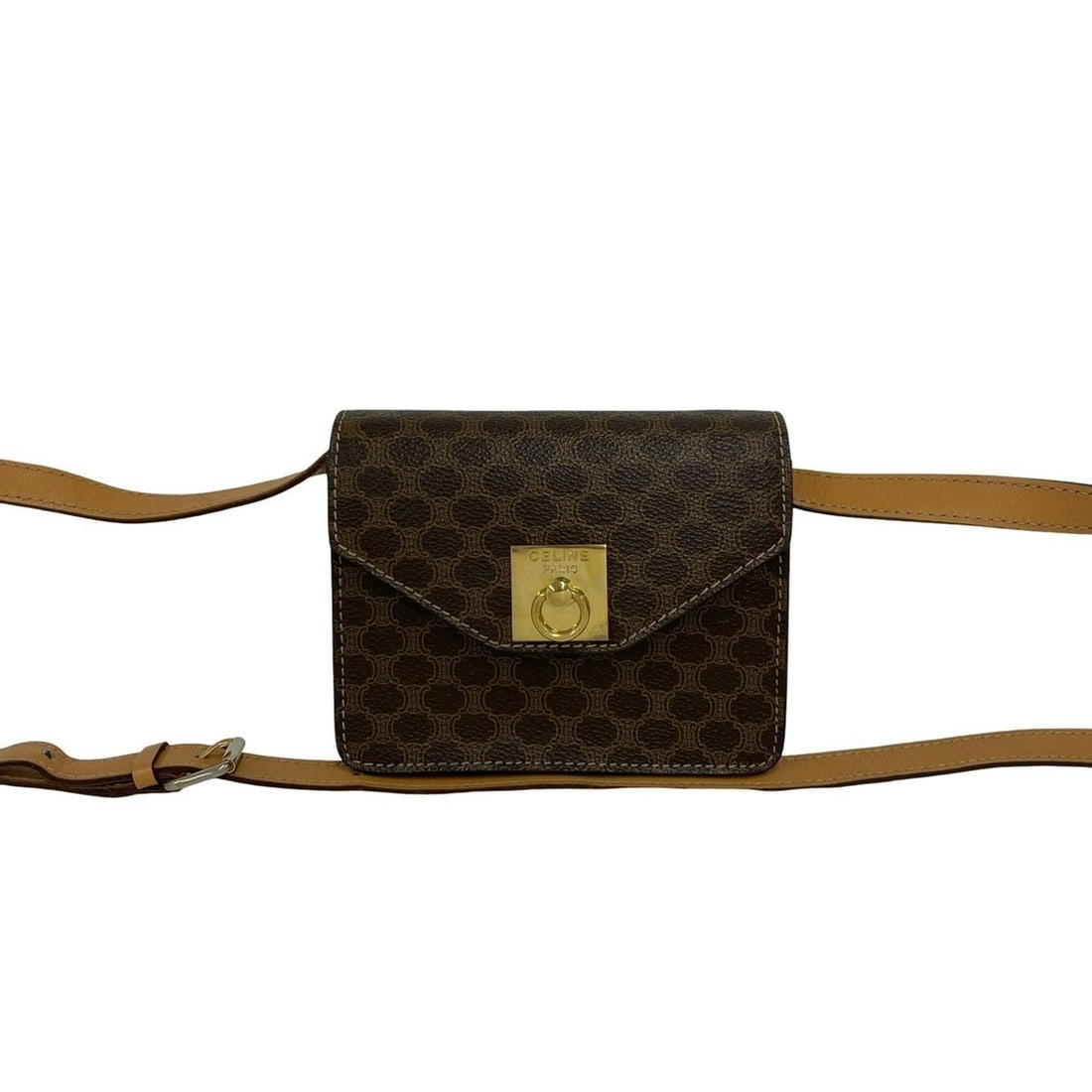 CELINE Vintage Macadam Blazon Pattern Leather Mini Shoulder Bag/Pochette with Ring Hardware, Brown, (1 of 13)