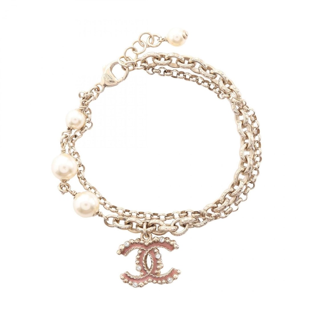 Chanel Coco Mark Bracelet, Gold Plated (GP), Faux Pearl, Women's, Gold, White, Pink: --- Catalog ---Category: SizeLength: 18cm / 7.08''Category: DesignType: Charm braceletColor: Gold, Pink, WhiteGender: WomenMaterial: Gold platingCategory: GeneralBrand: Chanel--- Item List ---Section: