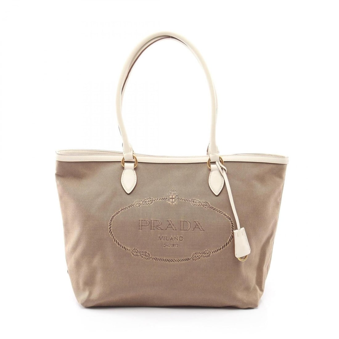 Prada LOGO JACQUARD Tote Bag/Handbag, Canvas and Leather, Women's, Beige/White, 1BG158: --- Catalog ---Category: SizeSize (HxWxD): 27cm x 30.5cm x 15cm / 10.62'' x 12'' x 5.9''Category: DesignType: Handbag, Tote bagColor: Beige, WhiteGender: WomenMaterial: Canvas , Leather Category: Gene