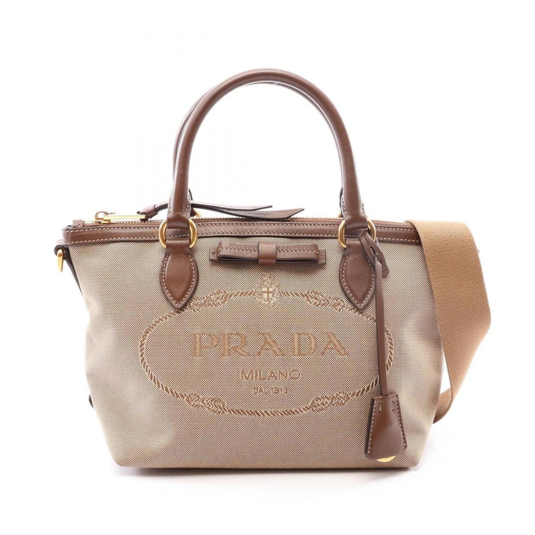 Prada LOGO JACQUARD 2-Way Handbag, Canvas and Leather, Women's, Beige/Brown, 1BA111 (1 of 11)