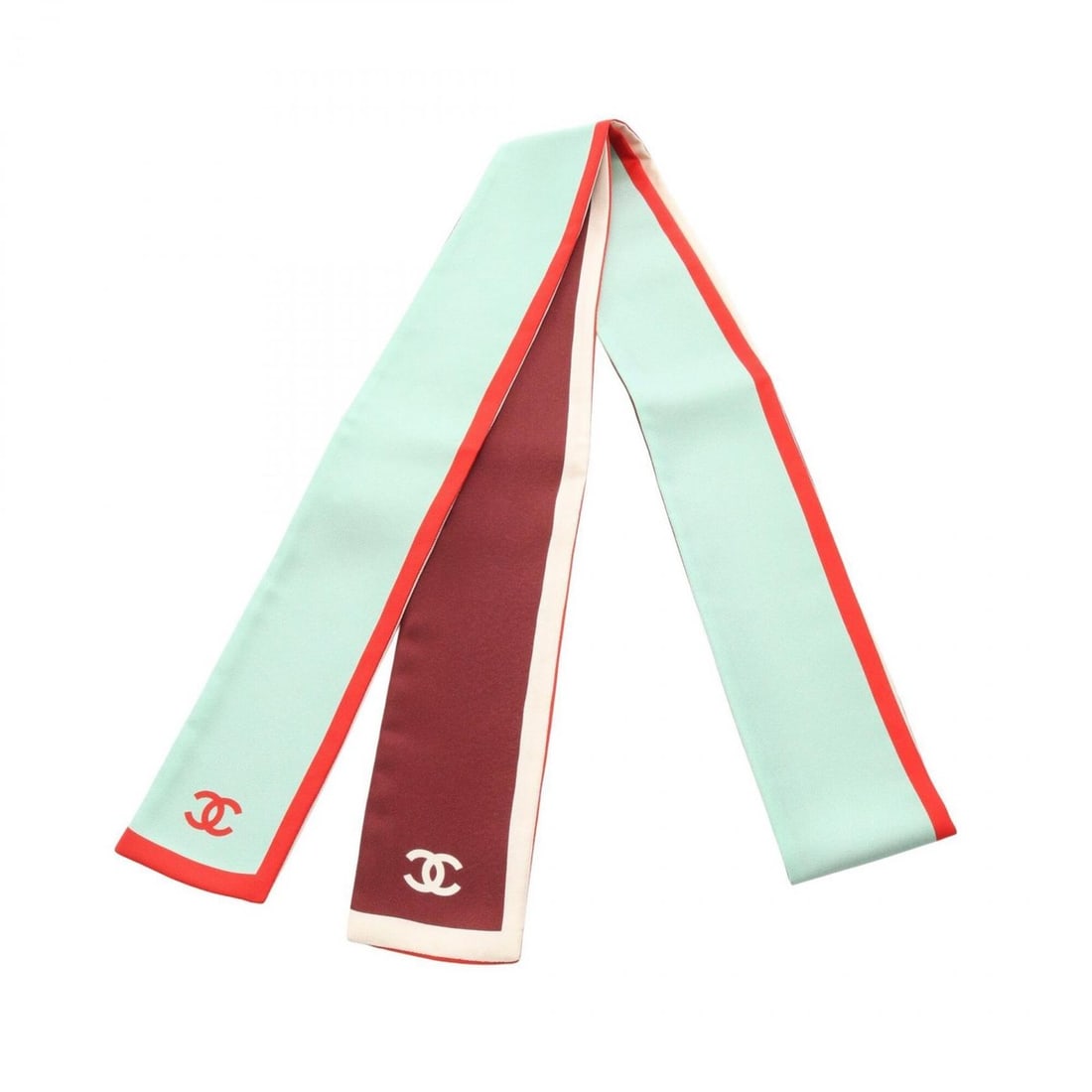 Chanel Coco Mark Ribbon Scarf/Muffler, Silk, Women's, Green/Burgundy: --- Catalog ---Category: SizeSize (LxW): 1.58m x 6cm / 62.2'' x 2.36''Category: DesignType: ScarfColor: Bordeaux, GreenGender: WomenMaterial: Silk Category: GeneralBrand: Chanel--- Item List ---Sectio
