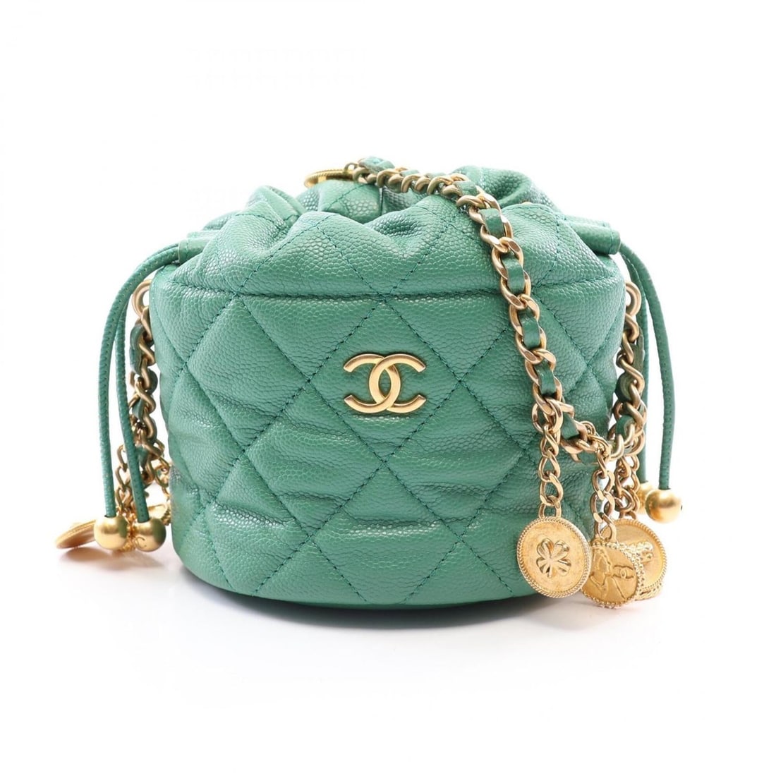 Chanel Matelassé Mini Bucket Drawstring Shoulder Bag/Handbag, Caviar Leather (Grained Calfskin),: --- Catalog ---Category: SizeSize (HxWxD): 8cm x 10cm x 10cm / 3.14'' x 3.93'' x 3.93''Category: DesignType: Handbag, Shoulder bagColor: GreenGender: WomenMaterial: Grained Calfskin Category: GeneralB