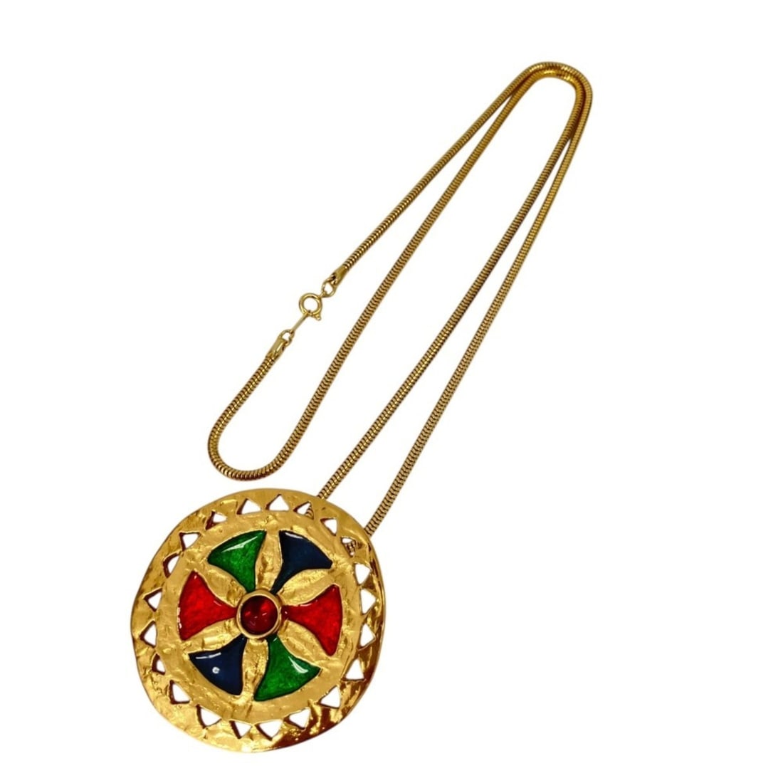 YVES SAINT LAURENT Vintage Circle Colored Stone Necklace Pendant Brooch GP Gold Color Women's: --- Catalog ---Category: SizeWeight: 27.93g / 0.98oz.Size (HxWxD): 5.2cm x 5.2cm / 2.04'' x 2.04''Category: DesignType: BroochColor: GoldStone: Color stoneFinish: Gold platedGender: WomenSeason: Vinta