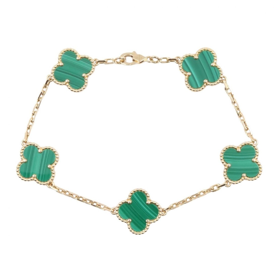 Van Cleef & Arpels Vintage Alhambra Malachite 5P Bracelet, 18K (Yellow Gold), Malachite, Women's,: --- Catalog ---Category: SizeLength: 17.5cm / 6.88''Category: DesignType: Charm braceletColor: Gold, GreenGender: WomenMaterial: Yellow gold (18K)Category: GeneralMPN: VCARL80900Brand: Van Cleef & Arp