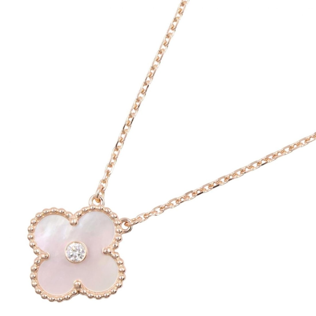 Van Cleef & Arpels Vintage Alhambra Mother-of-Pearl 1PD Necklace - 18KPG (Pink Gold) with Diamond: --- Catalog ---Category: SizePendant Size: 15mm x 15mm / 0.59'' x 0.59''Neck Circumference: 37 cm - 41.5 cm / 14.56'' - 16.33''Category: DesignColor: Clear, Gold, WhiteGender: WomenMaterial: Pink gold