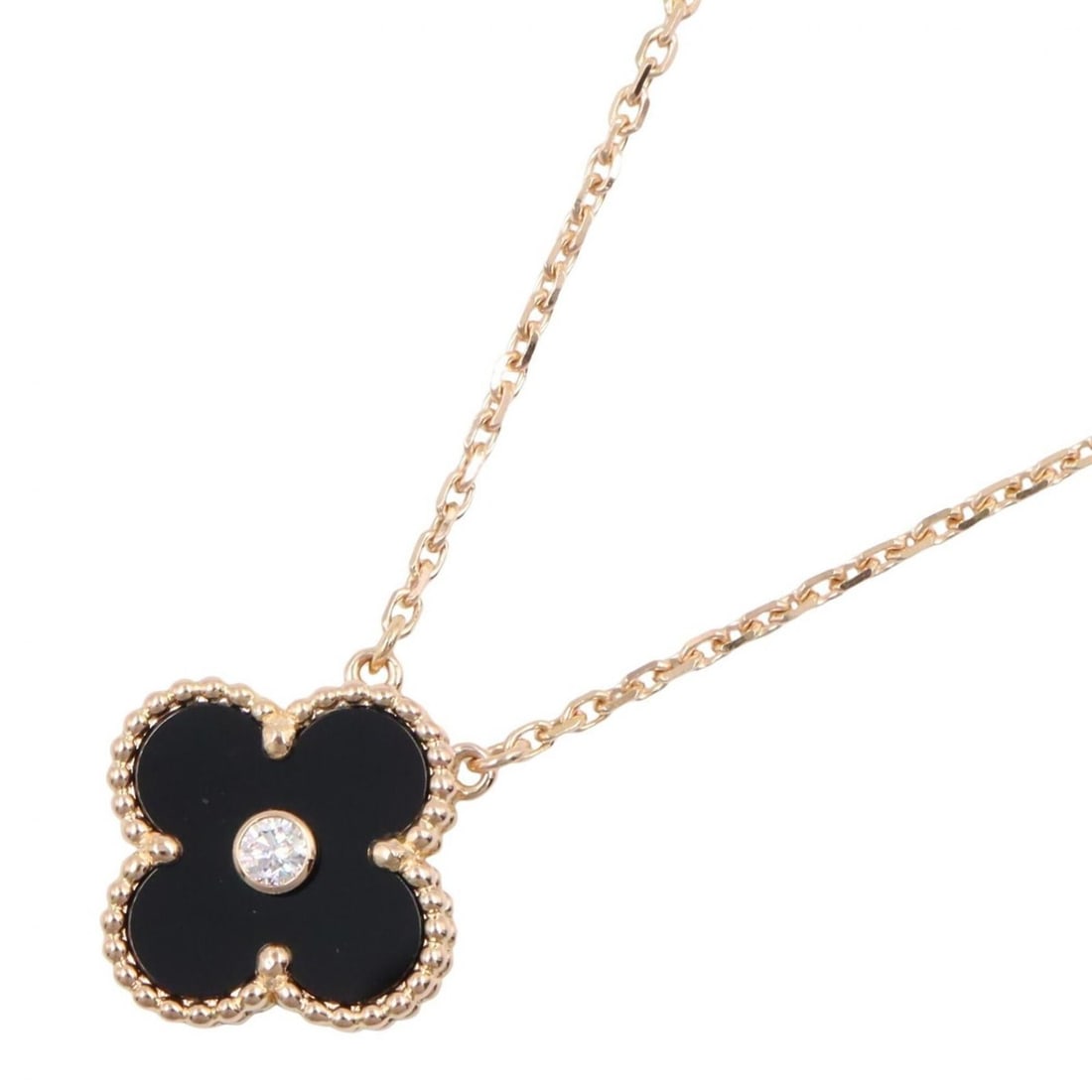 Van Cleef & Arpels Vintage Alhambra 1PD Onyx Necklace, 18KPG (Pink Gold), Diamond, Onyx, Women's,: --- Catalog ---Category: SizePendant Size: 15mm x 15mm / 0.59'' x 0.59''Neck Circumference: 37 cm - 41.5 cm / 14.56'' - 16.33''Category: DesignColor: Black, Clear, GoldGender: WomenMaterial: Pink gold