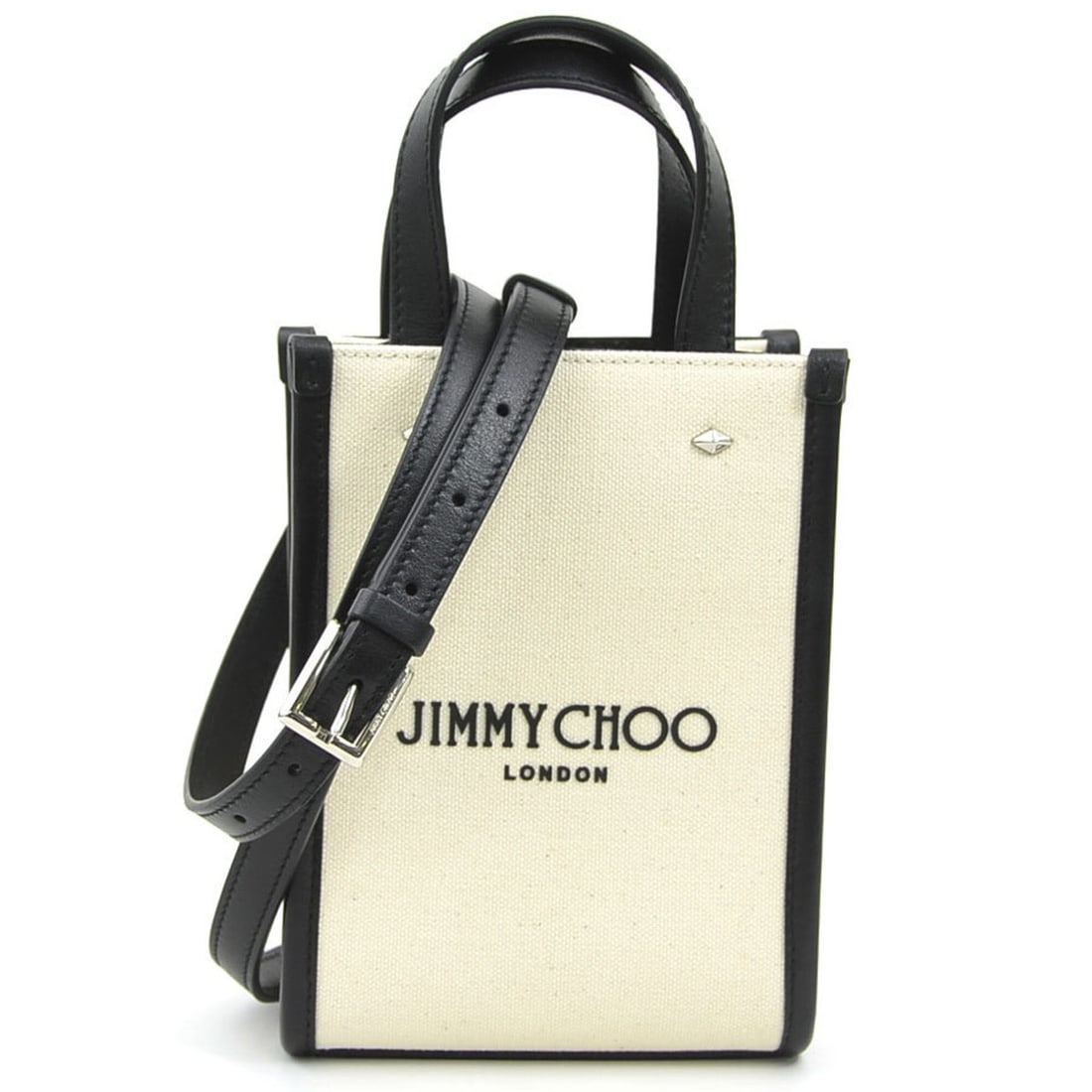 Jimmy Choo shoulder bag, canvas and leather, black ivory, women's, h32505k: --- Catalog ---Category: SizeSize (HxWxD): 18cm x 13.5cm x 7.5cm / 7.08'' x 5.31'' x 2.95''Category: DesignType: Shoulder bagColor: Black, IvoryGender: WomenMaterial: Canvas , Leather Category: Genera