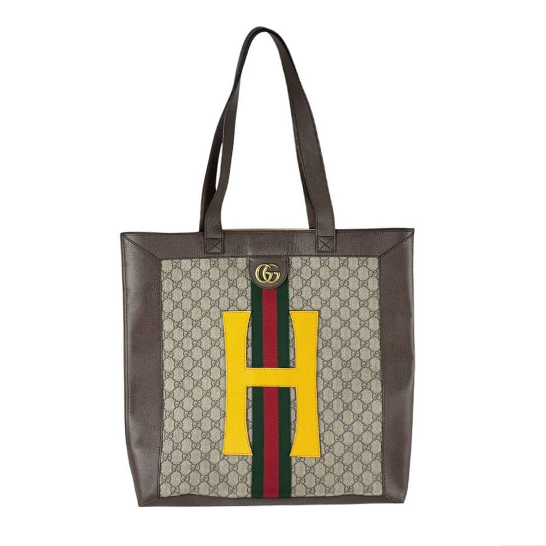 Gucci Ophidia GG Supreme Canvas Tote Bag, Brown/Yellow, Men's/Women's, Item No. 539720 (z11005): --- Catalog ---Category: SizeSize (HxWxD): 42cm x 45cm x 6cm / 16.53'' x 17.71'' x 2.36''Category: DesignType: Handbag, Tote bagColor: Brown, YellowGender: Men,WomenMaterial: GG Supreme , Leather Cate
