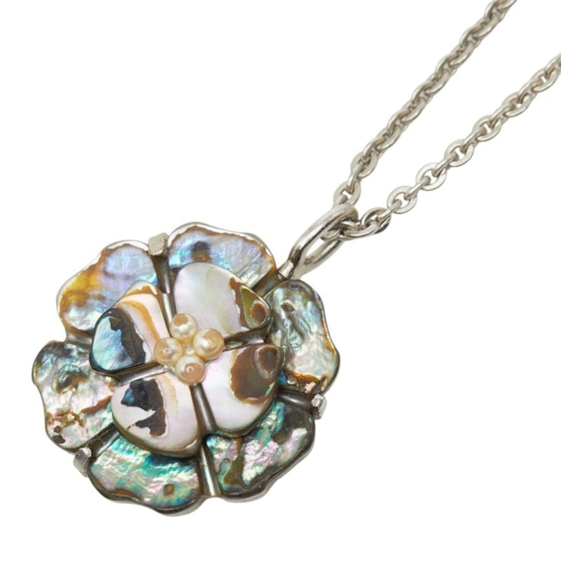 Chanel Camellia Vintage Chain Necklace Pendant 98A Silver Multicolor Metal Shell Faux Pearl Women's: --- Catalog ---Category: SizePendant Size: 21.4mm x 26.9mm / 0.84'' x 1.05''Neck Circumference: 49.5 cm / 19.48''Category: DesignColor: Multi-colorGender: WomenMaterial: ShellPendant Type: PendantNeck