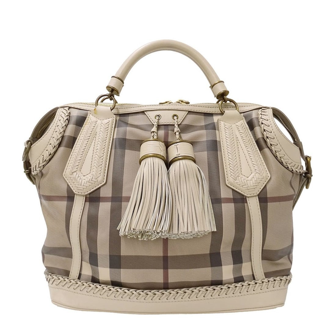 Burberry handbag for women, brand name, 2-way handbag/shoulder bag, leather, beige, check pattern.: --- Catalog ---Category: SizeSize (HxWxD): 32cm x 32.5cm x 19cm / 12.59'' x 12.79'' x 7.48''Category: DesignType: Handbag, Shoulder bagColor: BeigeGender: WomenMaterial: Leather Category: GeneralBrand