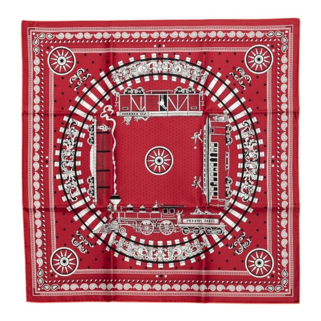 Hermes Carre 55 ALL ABOARD Scarf/Muffler, Wine Red, White, Black, Silk, Women's.: --- Catalog ---Category: SizeSize (LxW): 55cm x 54cm / 21.65'' x 21.25''Category: DesignType: ScarfColor: Black, Red color, WhiteGender: WomenMaterial: Silk Category: GeneralBrand: Hermes--- Item List