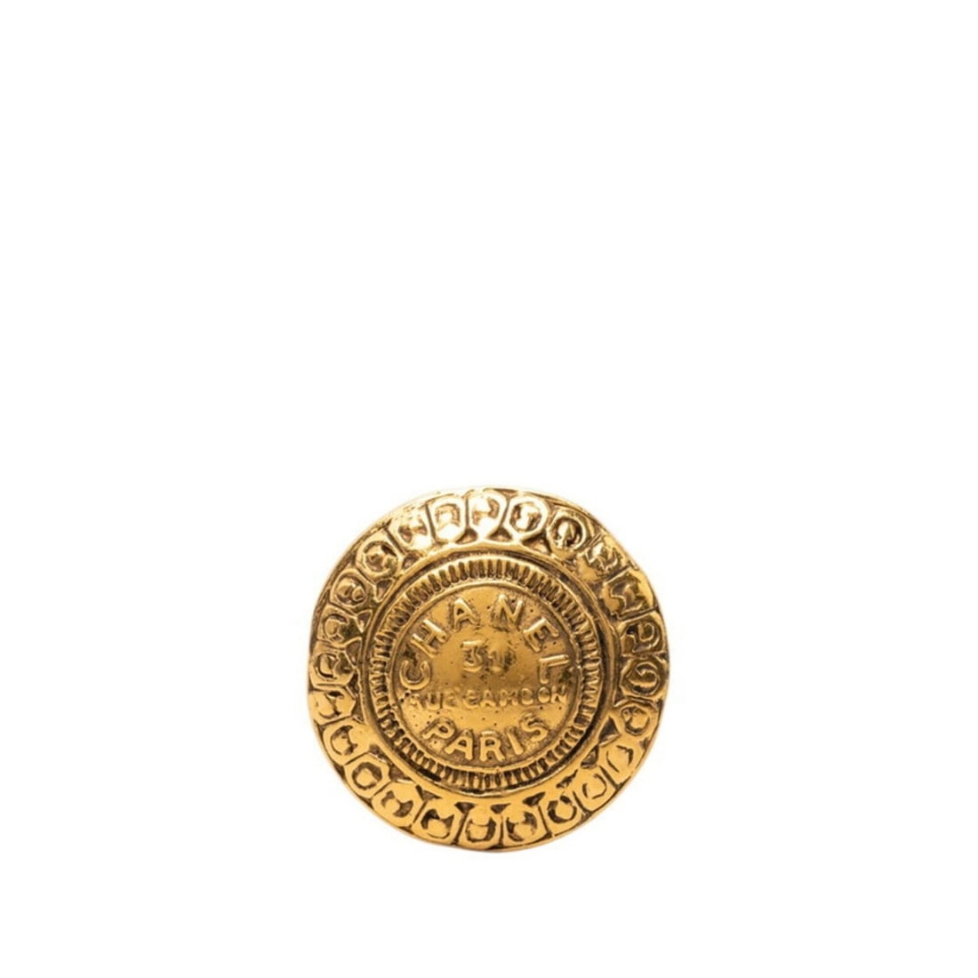 Chanel 31 RUE CAMBON Cambon Vintage Round Brooch Gold Plated Women's CHANEL: --- Catalog ---Category: SizeSize (HxWxD): 3.22cm x 3.22cm / 1.26'' x 1.26''Category: DesignType: BroochColor: GoldGender: WomenMaterial: Gold platingCategory: GeneralBrand: Chanel--- Item List ---Sec