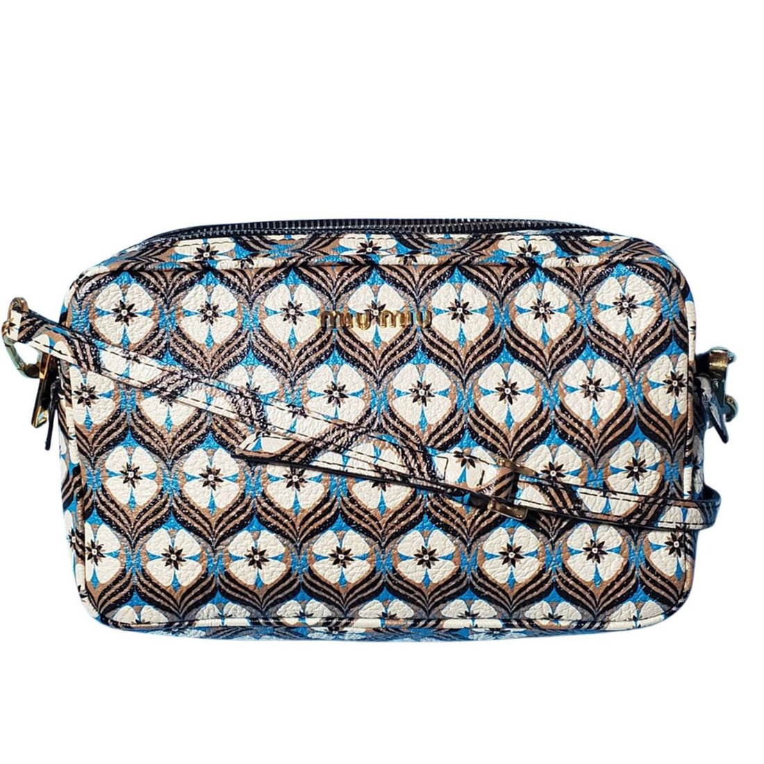 Miu Miu Miu handbag for women, brand shoulder bag, leather, white and blue, floral design, gold: --- Catalog ---Category: SizeSize (HxWxD): 12.5cm x 20cm x 6cm / 4.92'' x 7.87'' x 2.36''Category: DesignType: Shoulder bagColor: Blue, WhiteGender: WomenMaterial: Leather Category: GeneralBrand: Miu 
