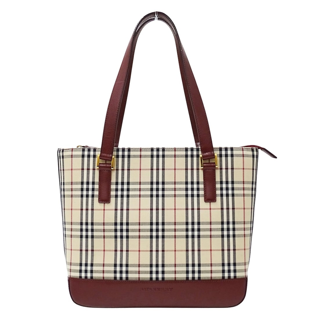 Burberry handbag for women, brand tote bag, canvas, beige, burgundy, check pattern, wine red.: --- Catalog ---Category: SizeSize (HxWxD): 24cm x 26cm x 9cm / 9.44'' x 10.23'' x 3.54''Category: DesignType: Tote bagColor: Beige, BordeauxGender: WomenMaterial: Canvas Category: GeneralBrand: Burber