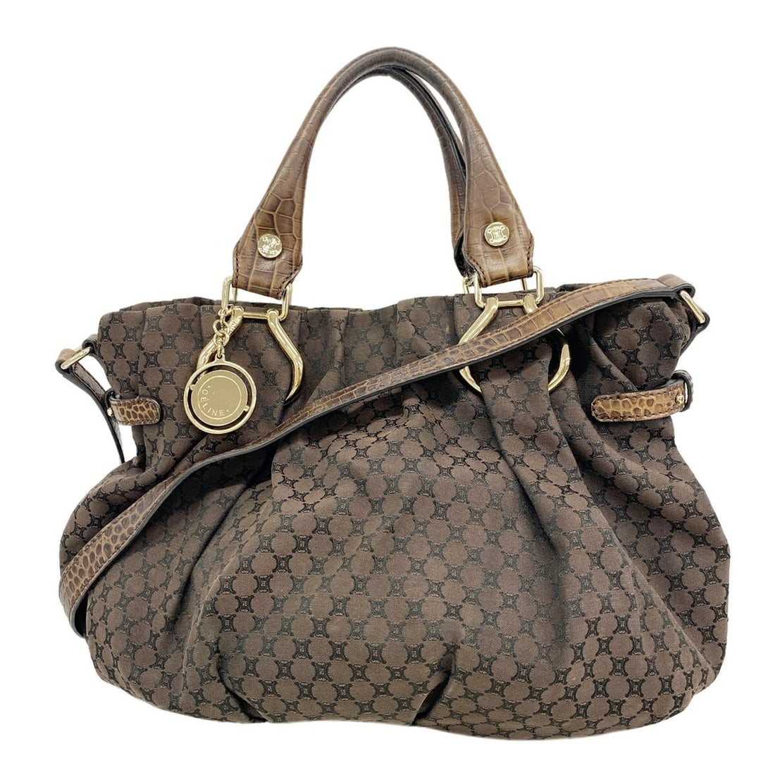 Celine Macadam Nylon Canvas Handbag, Brown/Champagne, 2-way bag for women: --- Catalog ---Category: SizeSize (HxWxD): 27cm x 24cm x 9.5cm / 10.62'' x 9.44'' x 3.74''Category: DesignType: HandbagColor: BrownGender: WomenMaterial: Nylon canvas Category: GeneralBrand: Celine---