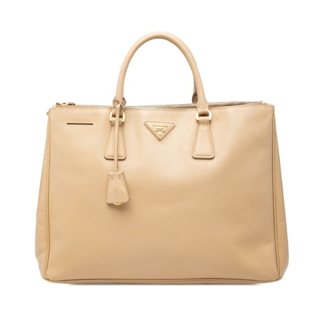 Prada Galleria Handbag with Triangle Logo Plate, Beige Saffiano Leather, Women's PRADA: --- Catalog ---Category: SizeHandle Drop: 9.00cm / 3.54''Size (HxWxD): 26cm x 34cm x 14cm / 10.23'' x 13.38'' x 5.51''Category: DesignType: HandbagColor: BeigeGender: WomenClosure: OpenMaterial: