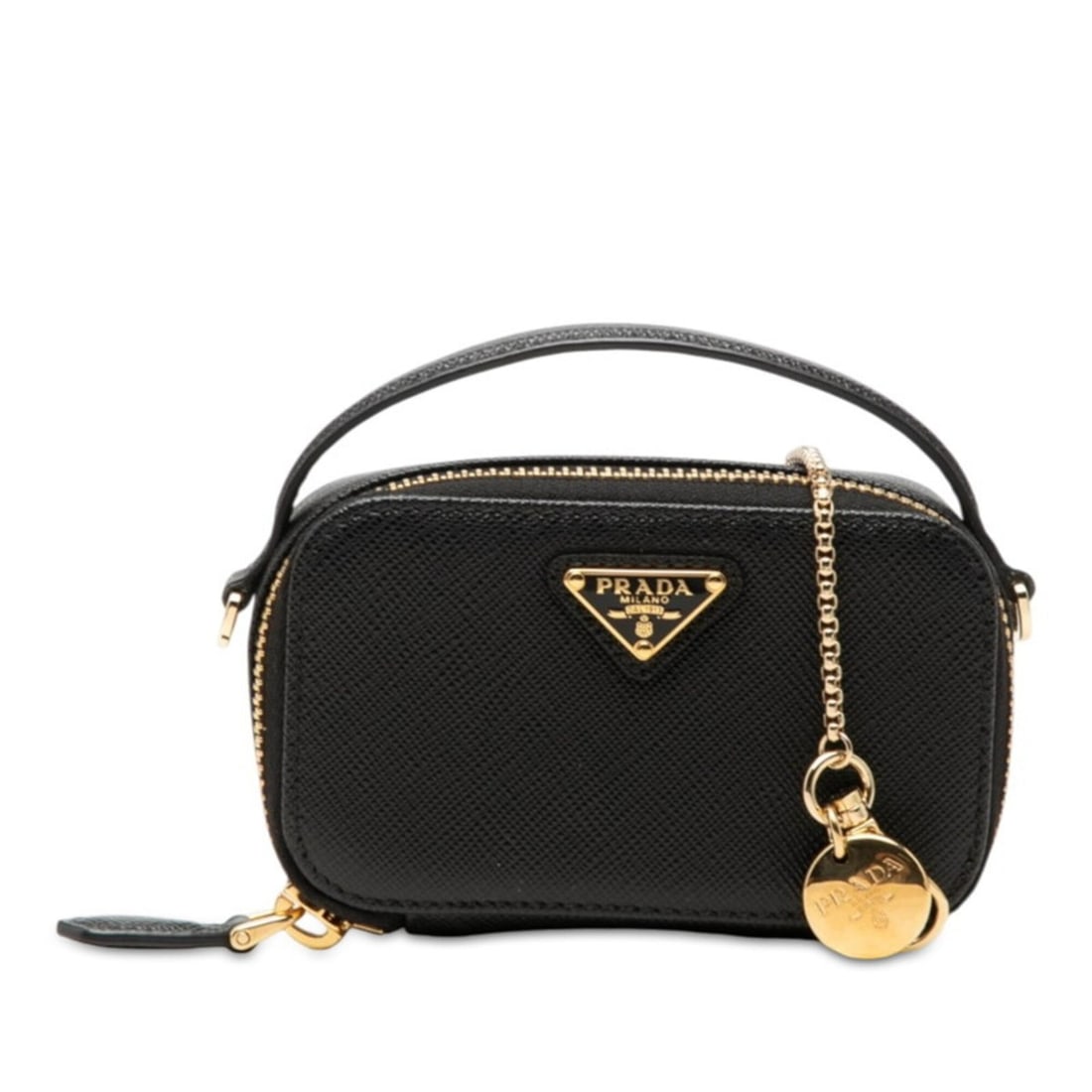 Prada Triangle Logo Plate Chain Shoulder Bag Mini Pouch 1NR025 Black Gold Saffiano Leather Women's (1 of 13)