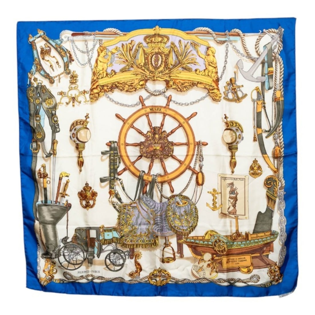 Hermes Carre 90 Museum Scarf/Muffler, Blue/Ivory Silk, Women's. (1 of 13)