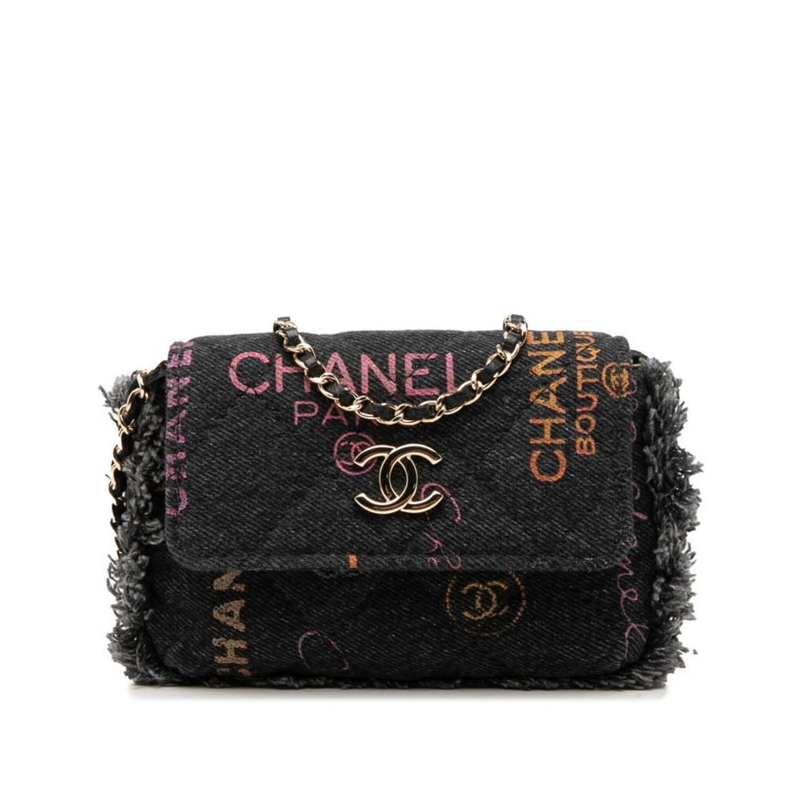 Chanel Mini Matelassé Coco Mark Chain Shoulder Bag Pouch Black Multicolor Gold Hardware Denim: --- Catalog ---Category: SizeStrap Drop: 53cm / 20.86''Size (HxWxD): 10cm x 16cm x 2.5cm / 3.93'' x 6.29'' x 0.98''Category: DesignType: Pochette, Shoulder bagColor: Black, Multi-colorGender: WomenClo