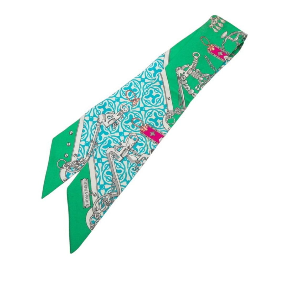 Hermes Twilly Equestrian and Chain Mors Et Gourmettes Remix Scarf Muffler Green Multicolor Silk: --- Catalog ---Category: SizeSize (LxW): 84.2cm x 5cm / 33.14'' x 1.96''Category: DesignType: ScarfColor: Green, Multi-colorGender: WomenMaterial: Silk Category: GeneralBrand: Hermes--- Item List ---S