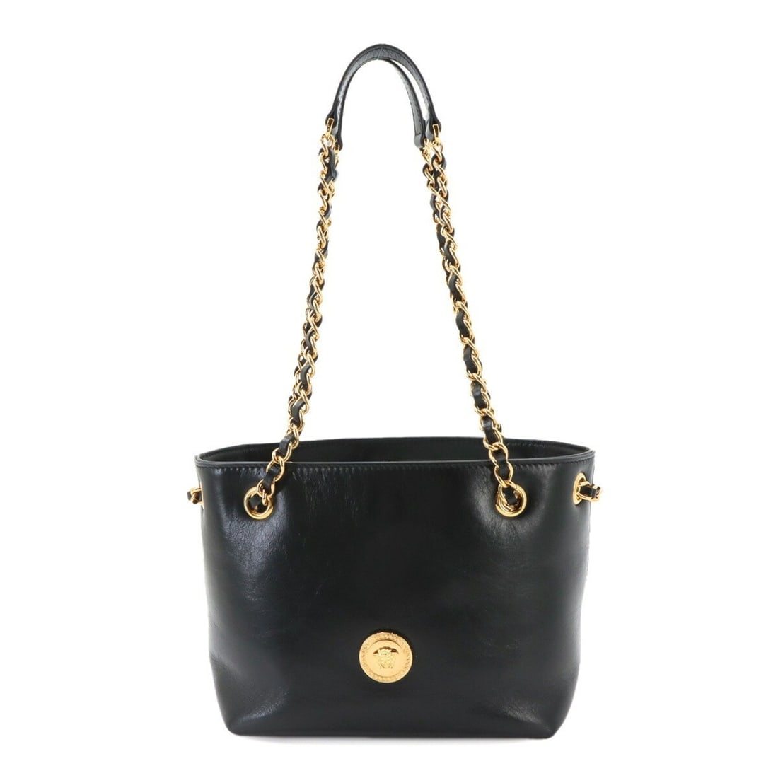 Versace Medusa Small Chain Shoulder Handbag, Leather, Black with Gold Hardware.: --- Catalog ---Category: SizeWeight: 430g / 15.16oz.Size (HxWxD): 16cm x 20cm x 10cm / 6.29'' x 7.87'' x 3.93''Strap Length: 54cm - 98.5cm / 21.25'' - 38.77''Category: DesignType: Handbag, Shoulder