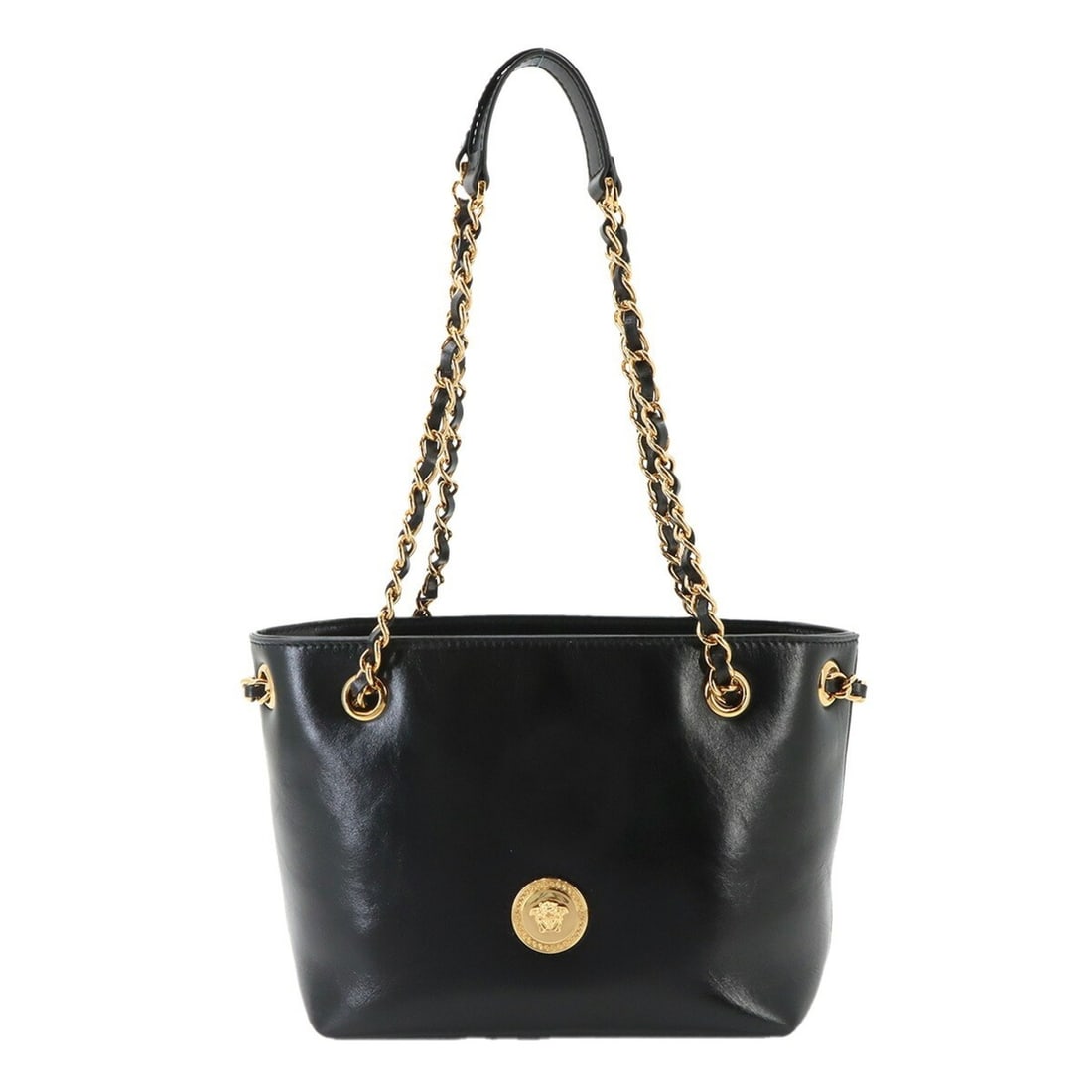 Versace Medusa Small Chain Shoulder Handbag, Leather, Black with Gold Hardware.: --- Catalog ---Category: SizeWeight: 435g / 15.34oz.Size (HxWxD): 17.5cm x 20cm x 10cm / 6.88'' x 7.87'' x 3.93''Strap Length: 58cm - 95cm / 22.83'' - 37.4''Category: DesignType: Handbag, Shoulder