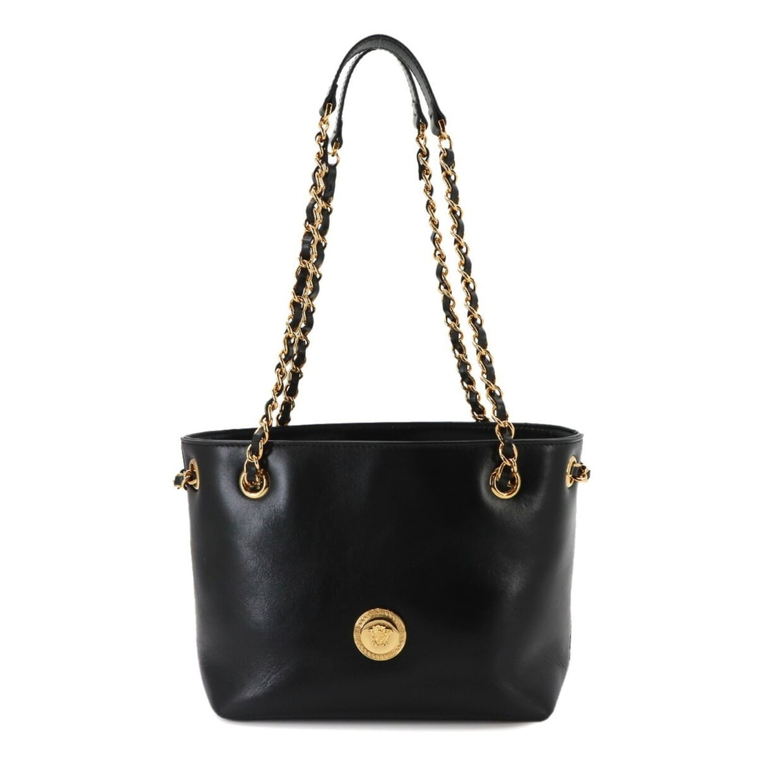 Versace Medusa Small Chain Shoulder Handbag, Leather, Black with Gold Hardware.: --- Catalog ---Category: SizeWeight: 430g / 15.16oz.Size (HxWxD): 16cm x 20cm x 10cm / 6.29'' x 7.87'' x 3.93''Strap Length: 56.5cm - 101cm / 22.24'' - 39.76''Category: DesignType: Handbag, Shoulder
