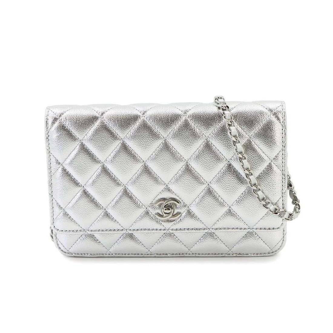 Chanel Matelassé Classic Chain Wallet, Long Caviar Leather, Metallic Silver, AP0250, Silver: --- Catalog ---Category: SizeWeight: 405g / 14.28oz.Size (HxWxD): 12.5cm x 19cm x 3cm / 4.92'' x 7.48'' x 1.18''Strap / Chain Length: 1.22m / 48.03''Category: DesignType: Chain/Shoulder walletColor: M