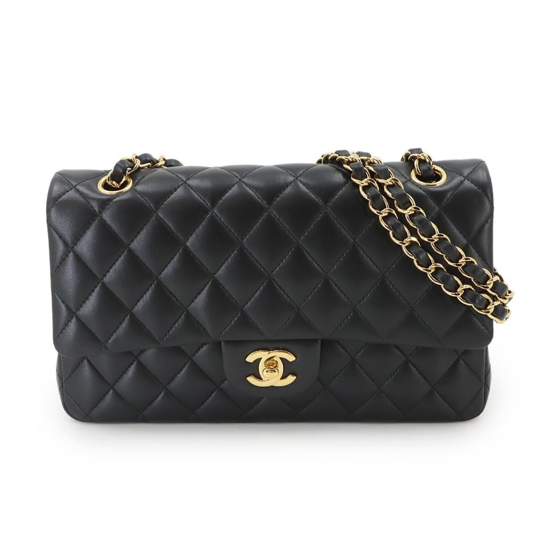 Chanel Matelasse 25 Chain Shoulder Handbag, Lambskin, Black, A01112, Gold Hardware, Coco Mark.: --- Catalog ---Category: SizeWeight: 580g / 1.27lb.Size (HxWxD): 14.5cm x 25cm x 6.5cm / 5.7'' x 9.84'' x 2.55''Strap Length: 52cm - 89cm / 20.47'' - 35.03''Category: DesignType: Handbag, Shoulder