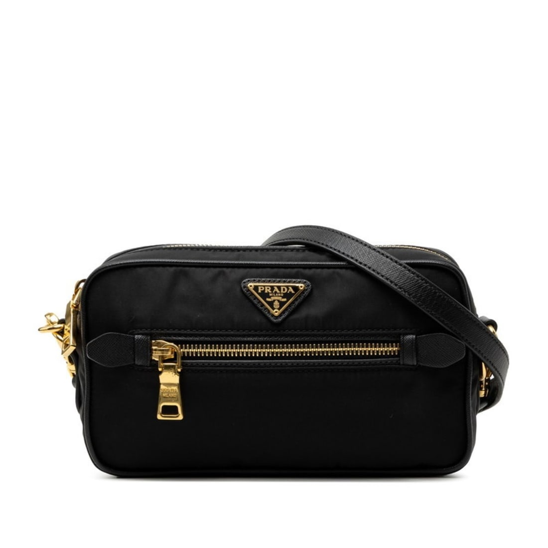 Prada Triangle Logo Plate Crossbody Shoulder Bag BT0773 Black Gold Nylon Leather Women's PRADA (1 of 11)