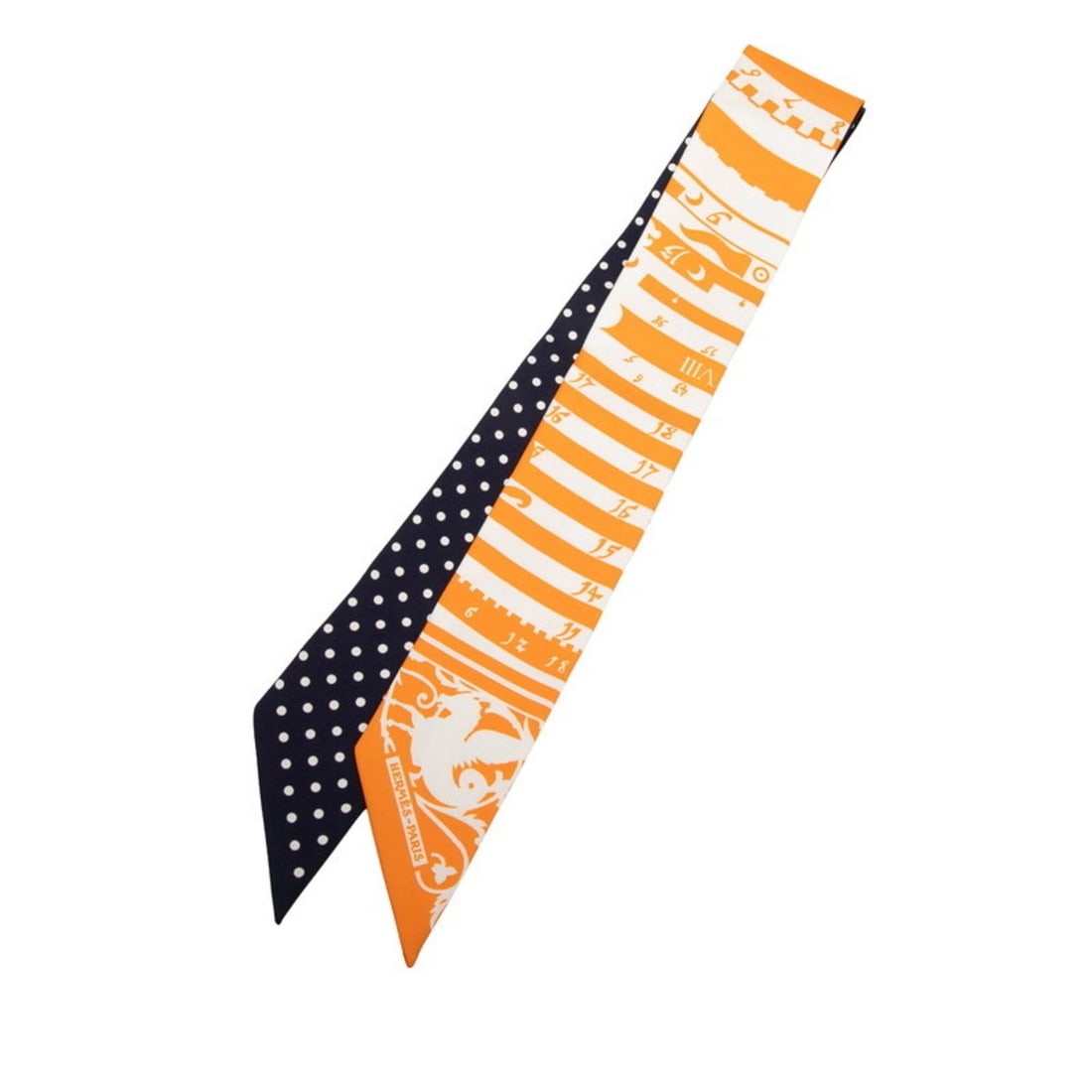 Hermes Twilly Astrology Dot Scarf (Astrologie a Pois) Orange Navy Silk Women's HERMES: --- Catalog ---Category: SizeSize (LxW): 84.7cm x 5cm / 33.34'' x 1.96''Category: DesignType: ScarfColor: Navy, OrangeGender: WomenMaterial: Silk Category: GeneralBrand: Hermes--- Item List ---Section
