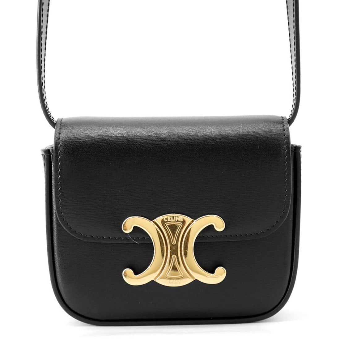Celine Triomphe Mini Claude Shoulder Bag, Shiny Calf Leather, 10I513, Black, Handbag, Women's,: --- Catalog ---Category: SizeWeight: 200.1g / 7.05oz.Size (HxWxD): 10cm x 11.5cm x 4cm / 3.93'' x 4.52'' x 1.57''Strap Length: 96cm - 122cm / 37.79'' - 48.03''Category: DesignType: Shoulder bagColor: 