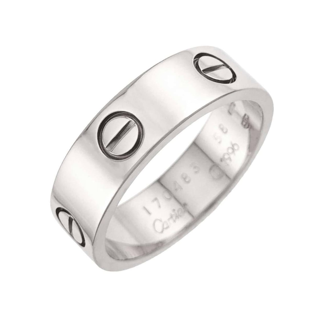 Cartier Love Ring #58, 18K WG (White Gold 750): --- Catalog ---Category: SizeUS Size: 9Brand Size: 58Category: DesignType: Band ringGender: Women,MenMaterial: White gold (18K)Category: GeneralBrand: Cartier--- Item List ---Section: ConditionRanking