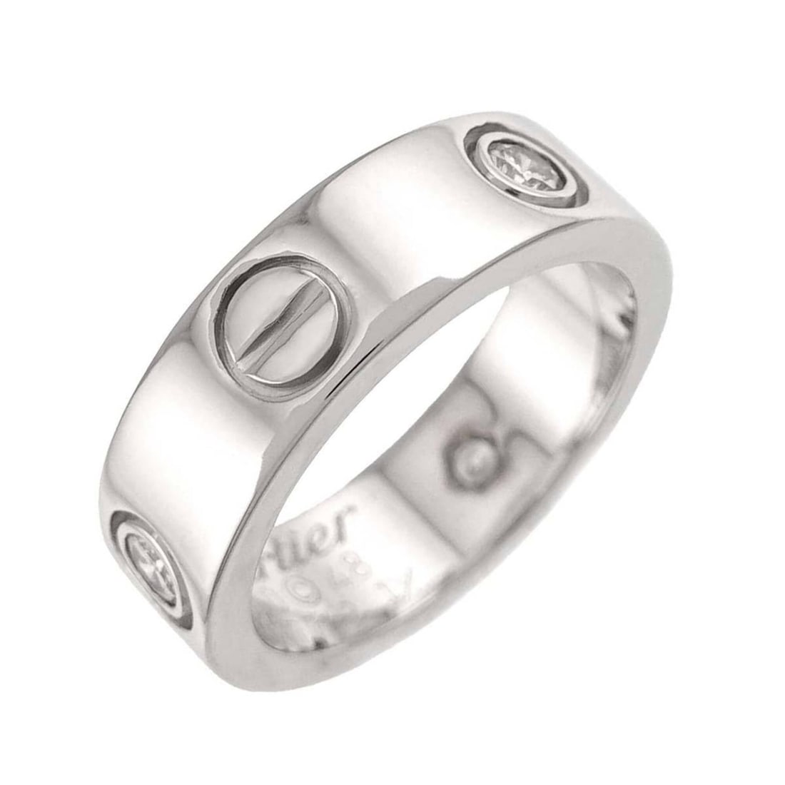 Cartier Love Ring #48, Half Diamond 3P, 18K WG White Gold 750.: --- Catalog ---Category: SizeUS Size: 4.5Brand Size: 48Category: DesignType: Band ringGender: WomenMaterial: White gold (18K)Category: GeneralBrand: Cartier--- Item List ---Section: ConditionRanking: 