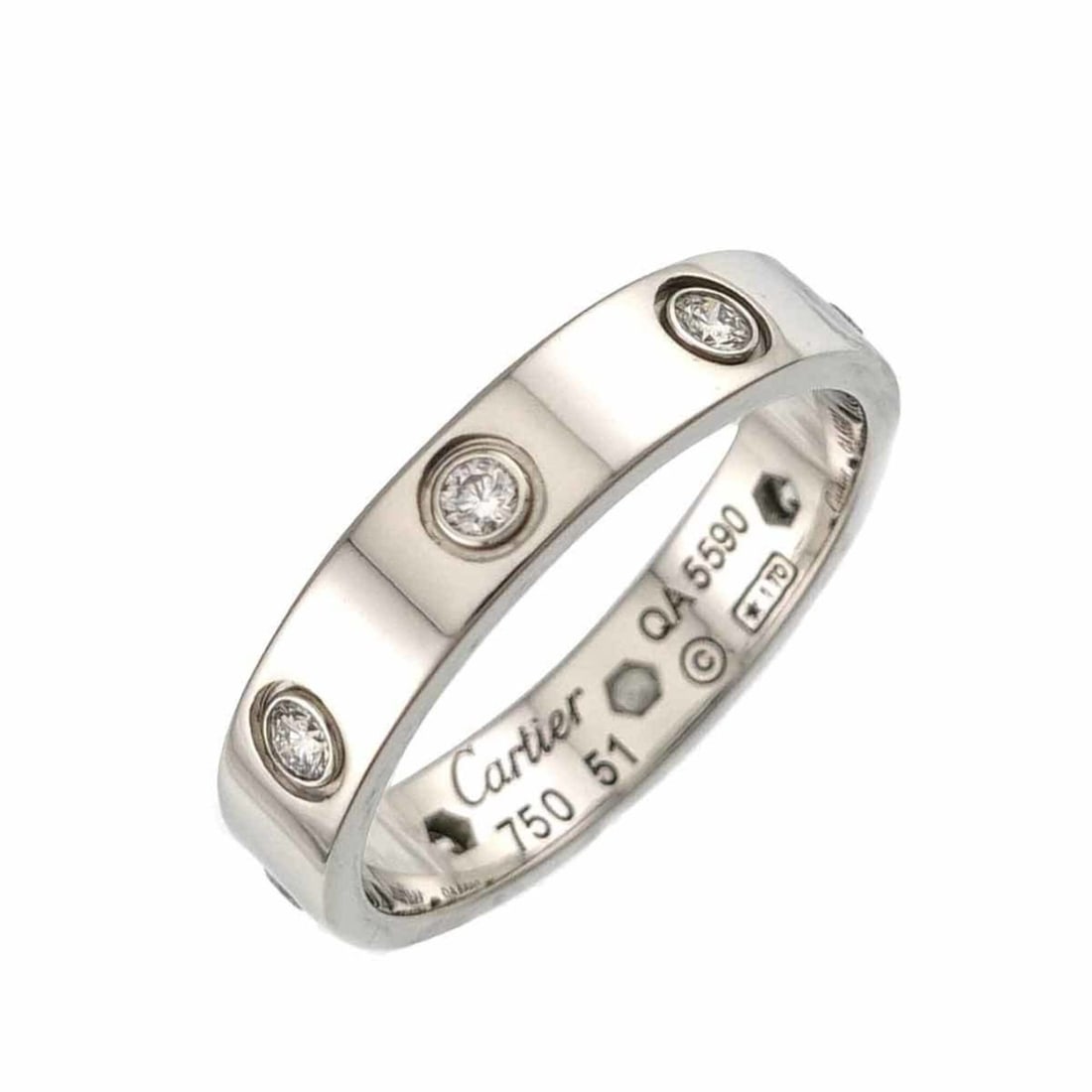 Cartier Mini Love Ring #51, 8 Diamonds, 18K White Gold (750): --- Catalog ---Category: SizeUS Size: 6Brand Size: 51Category: DesignType: Band ringGender: WomenMaterial: White gold (18K)Category: GeneralBrand: Cartier--- Item List ---Section: ConditionRanking: Ra