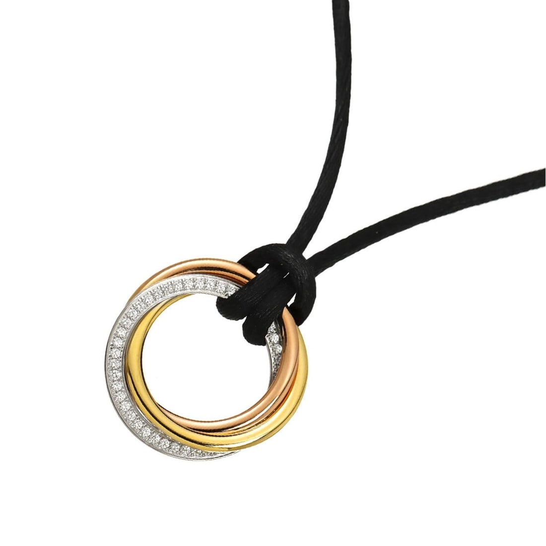 Cartier Trinity Diamond Necklace, 58cm, 18K Yellow Gold, White Pink Gold 750 (Three Necklace): --- Catalog ---Category: SizePendant Size: 26.3mm x 26.5mm / 1.03'' x 1.04''Neck Circumference: 58 cm / 22.83''Category: DesignGender: WomenMaterial: Pink gold (18K), White gold (18K), Yellow gold (18