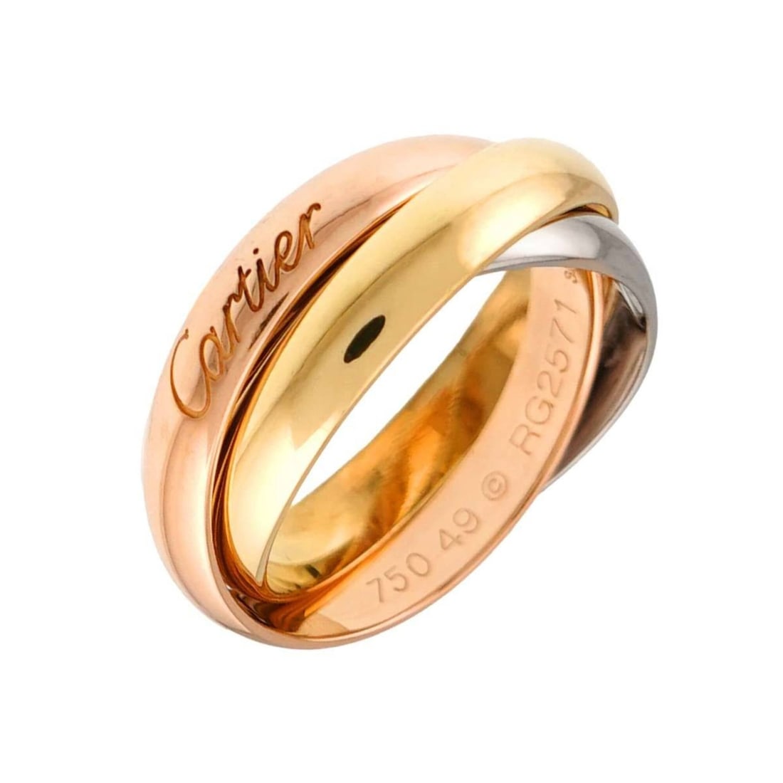 Cartier Trinity MM #49 Ring, 18K Yellow Gold, White Pink Triple Band, Three Colors, 750 Gold.: --- Catalog ---Category: SizeUS Size: 5Brand Size: 49Category: DesignType: Band ringGender: WomenMaterial: Pink gold (18K), White gold (18K), Yellow gold (18K)Category: GeneralBrand: Cartier--- Item L
