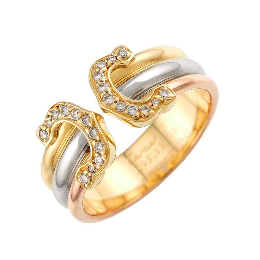 Cartier 2C #51 Ring with Diamonds, 18K Yellow Gold, White and Pink Three-Color Three-Gold 750, C2: --- Catalog ---Category: SizeUS Size: 6Brand Size: 51Category: DesignType: Band ringGender: WomenMaterial: Pink gold (18K), White gold (18K), Yellow gold (18K)Category: GeneralBrand: Cartier--- Item L
