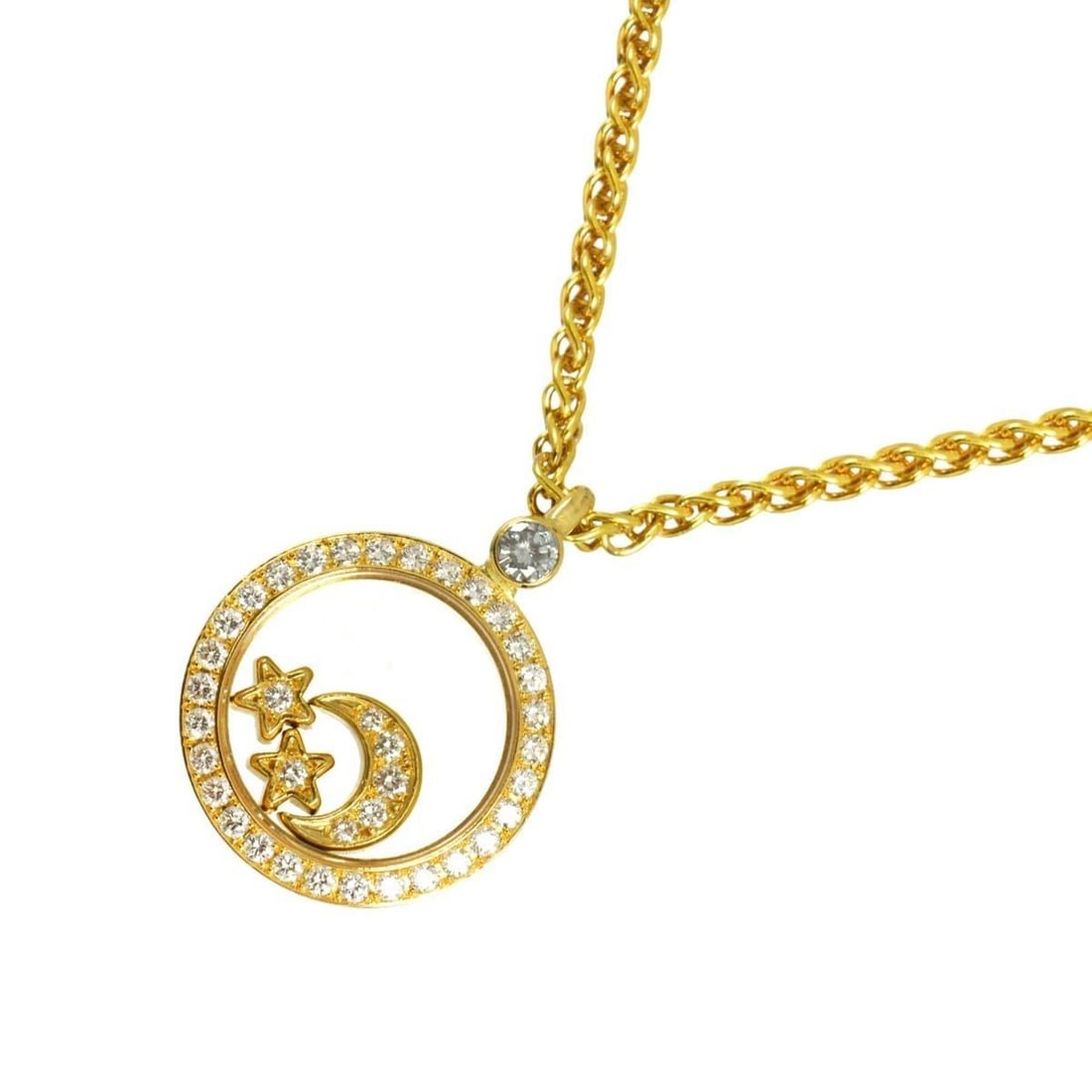 Chopard Happy Diamonds Necklace, 41cm, 18K Yellow Gold (750), Moon and Star Design.: --- Catalog ---Category: SizePendant Size: 23mm x 16.8mm / 0.9'' x 0.66''Neck Circumference: 41 cm / 16.14''Category: DesignGender: WomenMaterial: Yellow gold (18K)Necklace Type: NecklaceCategory: Gen