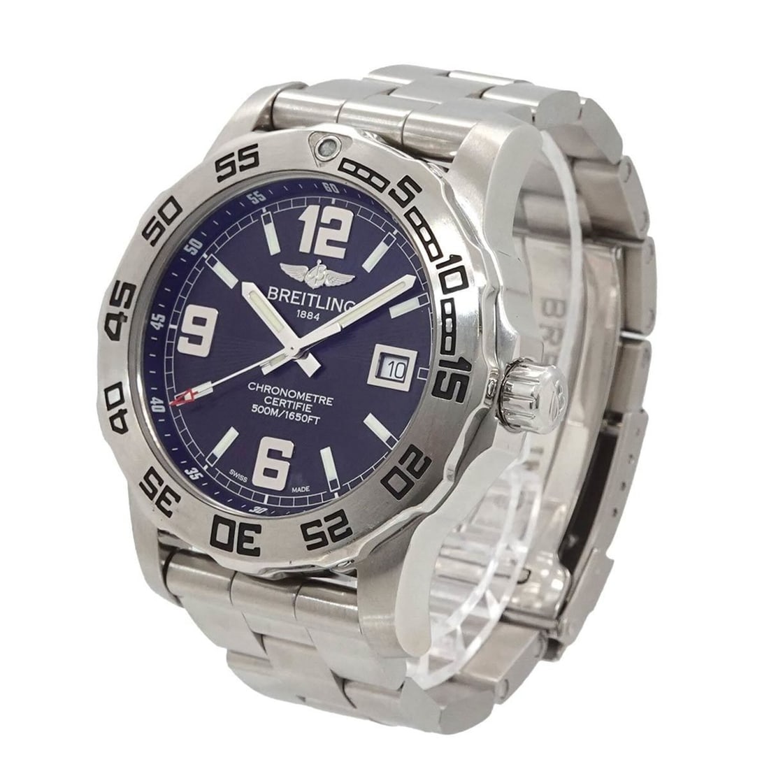 Breitling Colt 44 A74387 Men's Watch, Date, Blue, Quartz Watch: --- Catalog ---Category: SizeWrist Size: 16cm / 6.29''Case Diameter: 43mm / 1.69''Category: DesignType: WristwatchGender: MenColor (Dial): BlueMaterial (Band): Stainless steelMaterial (Case): Stainles