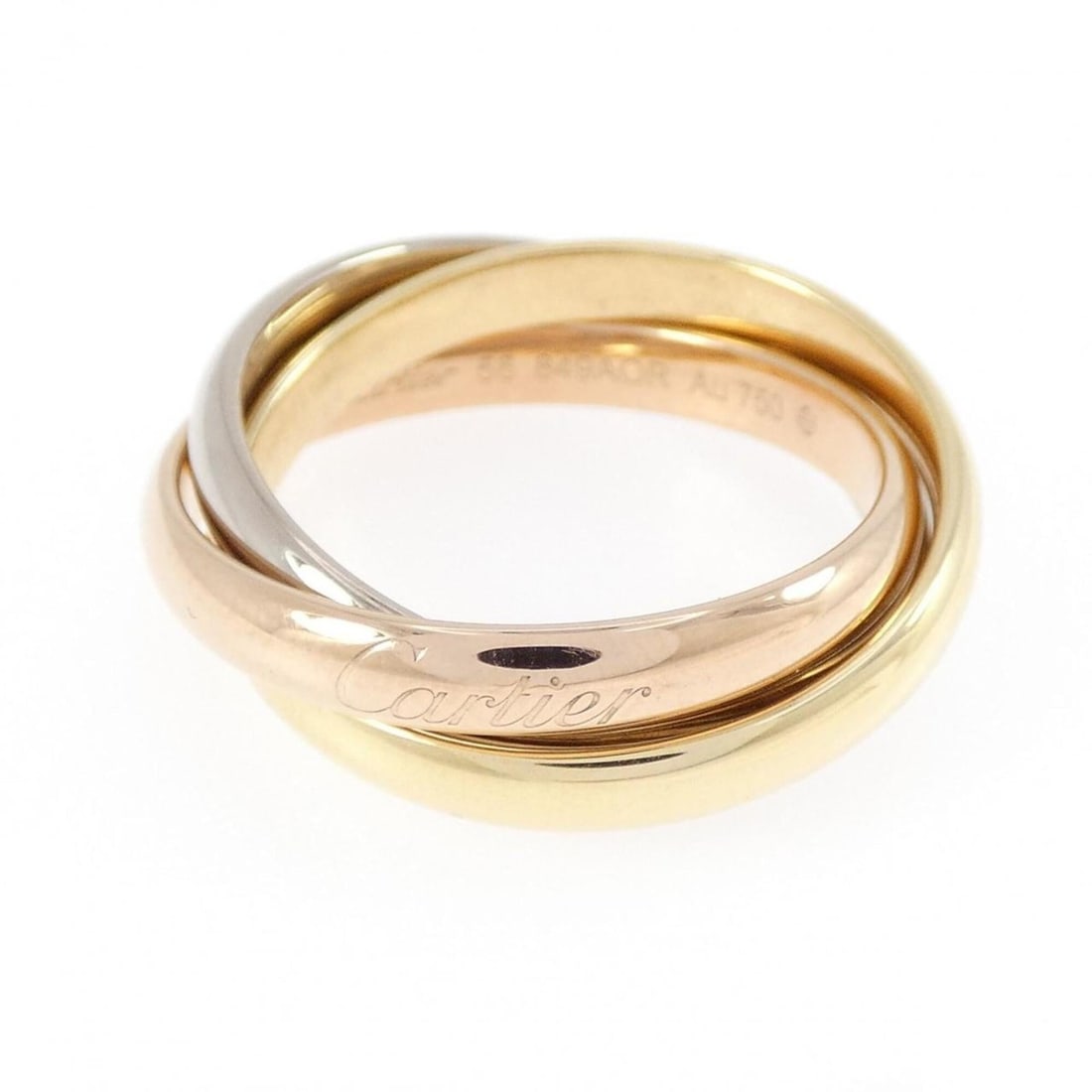Cartier Trinity Ring: --- Catalog ---Category: SizeUS Size: 8Brand Size: 56Category: DesignType: Band ringColor: Pink gold, White gold, Yellow goldGender: Women,MenMaterial: Pink gold (18K), White gold (18K), Yellow gold