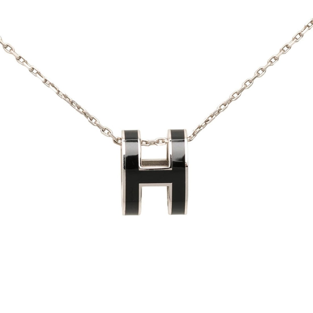 Hermes Pop H Logo Chain Pendant Necklace Silver Black Metal Women's HERMES: --- Catalog ---Category: SizePendant Size: 16mm x 12.1mm / 0.62'' x 0.47''Neck Circumference: 40 cm / 15.74''Category: DesignColor: Black, SilverGender: WomenMaterial: MetalNecklace Type: Pendant neck