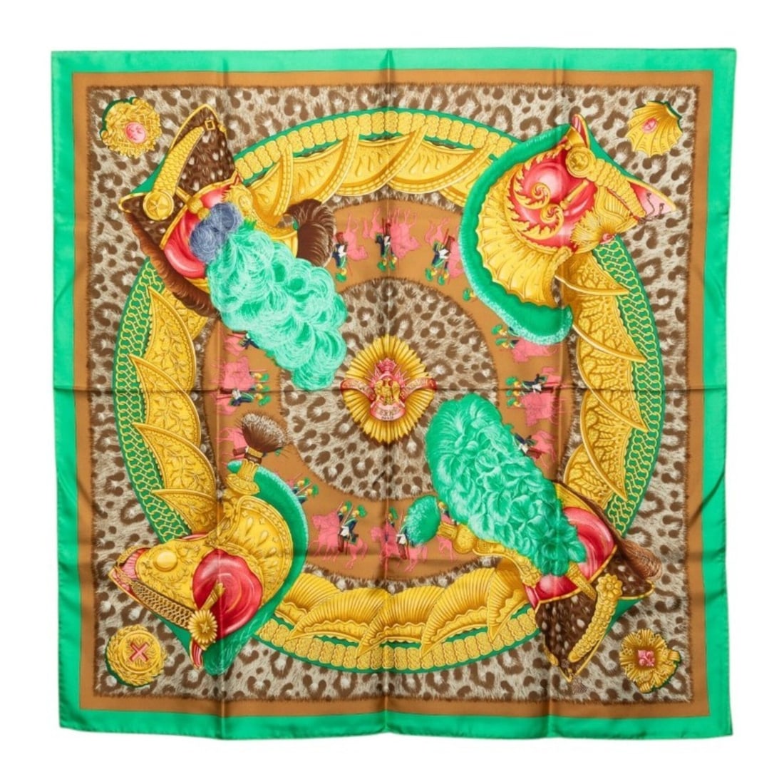 Hermes Carre 90 CASQUES et PLUMETS (Helmets Without Faces) Scarf/Muffler, Large Size,: --- Catalog ---Category: SizeSize (LxW): 90cm x 90cm / 35.43'' x 35.43''Category: DesignType: ScarfColor: Green, Multi-colorGender: WomenMaterial: Silk Category: GeneralBrand: Hermes--- Item List