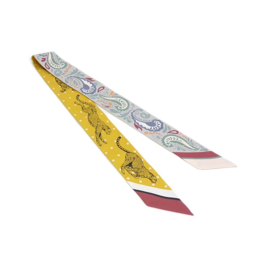 Hermes Guepards Bandana Twilly 064179S Scarf Muffler: --- Catalog ---Category: SizeSize (LxW): 5cm x 86cm / 1.96'' x 33.85''Category: DesignType: ScarfColor: Gray, YellowGender: Women,MenMaterial: Silk Category: GeneralMPN: 064179SBrand: Hermes--- Item