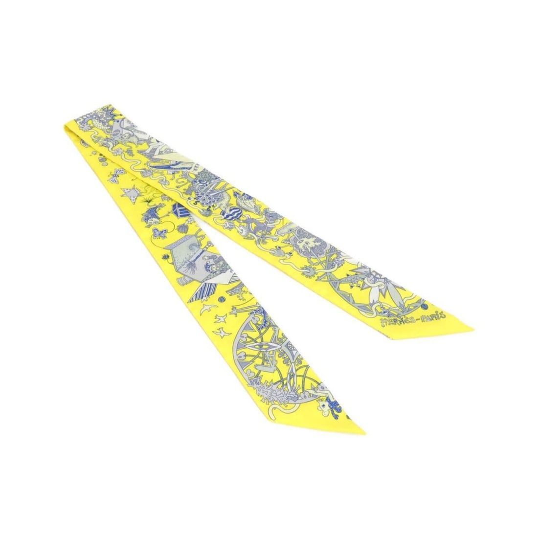 Hermes LA FOLLE PARADE Twilly 062899S Scarf Muffler: --- Catalog ---Category: SizeSize (LxW): 5cm x 86cm / 1.96'' x 33.85''Category: DesignType: ScarfColor: Gray, YellowGender: Women,MenMaterial: Silk Category: GeneralMPN: 062899SBrand: Hermes--- Item