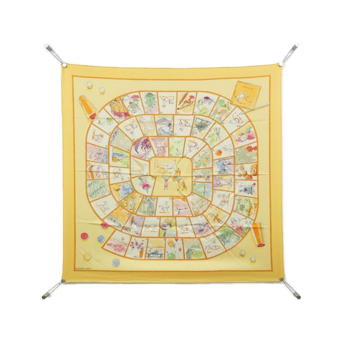 Hermes LE JEU DES PETTIS BONHEURS Carre Scarf Muffler: --- Catalog ---Category: SizeSize (LxW): 90cm x 90cm / 35.43'' x 35.43''Category: DesignType: ScarfColor: YellowGender: Women,MenMaterial: Silk Category: GeneralBrand: Hermes--- Item List ---Section: 