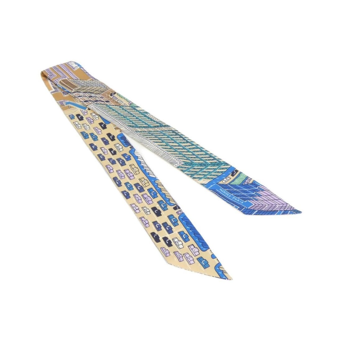 Hermes Pantin City Twilly 063969S Scarf Muffler: --- Catalog ---Category: SizeSize (LxW): 5cm x 86cm / 1.96'' x 33.85''Category: DesignType: ScarfColor: Beige, BlueGender: Men,WomenMaterial: Silk Category: GeneralMPN: 063969SBrand: Hermes--- Item Li