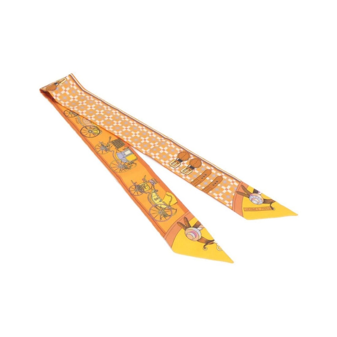 Hermes VOITEURES NOUVELLES Twilly 064108S Scarf Muffler: --- Catalog ---Category: SizeSize (LxW): 5cm x 86cm / 1.96'' x 33.85''Category: DesignType: ScarfColor: OrangeGender: Women,MenMaterial: Silk Category: GeneralMPN: 064108SBrand: Hermes--- Item List