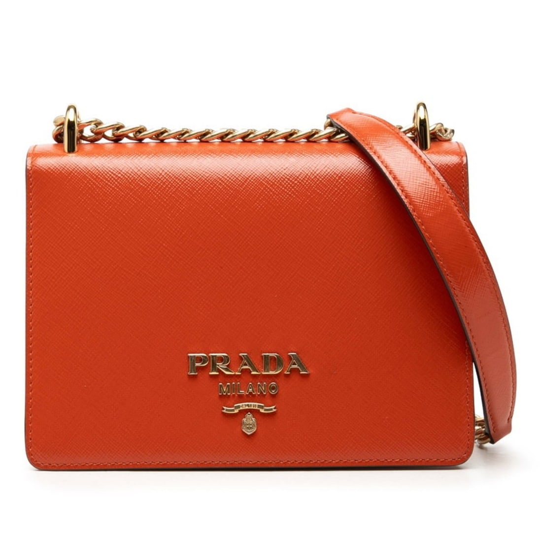 Prada Saffiano Chain Shoulder Bag, Crossbody, Orange Leather, Women's PRADA: --- Catalog ---Category: SizeSize (HxWxD): 14cm x 20cm x 5.5cm / 5.51'' x 7.87'' x 2.16''Category: DesignType: Shoulder bagColor: OrangeGender: WomenMaterial: Leather Category: GeneralBrand: Prada---
