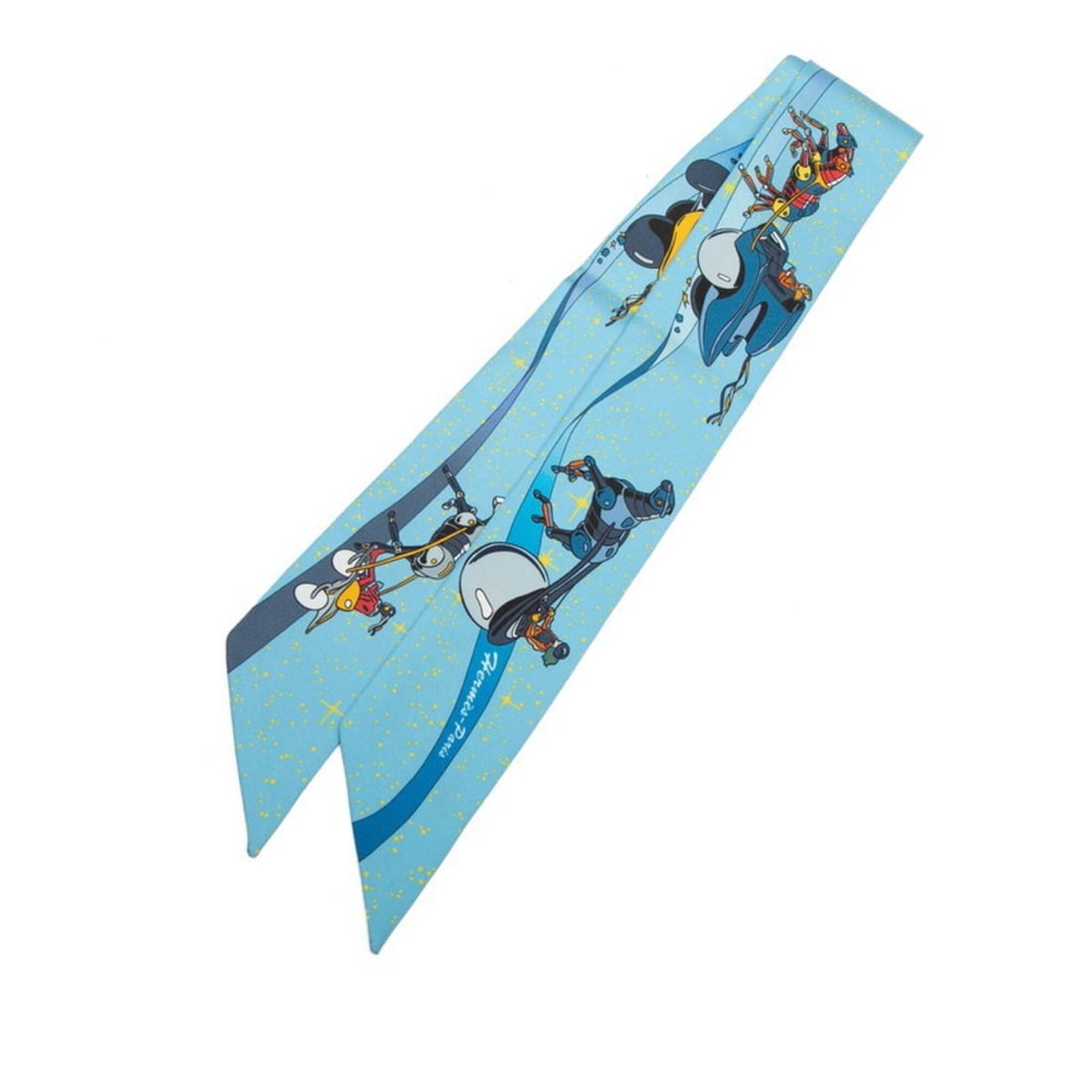 Hermes Twilly Space Derby Scarf/Muffler, Blue Multicolor Silk, Women's: --- Catalog ---Category: SizeSize (LxW): 85.5cm x 5cm / 33.66'' x 1.96''Category: DesignType: ScarfColor: Blue, Multi-colorGender: WomenMaterial: Silk Category: GeneralBrand: Hermes--- Item List